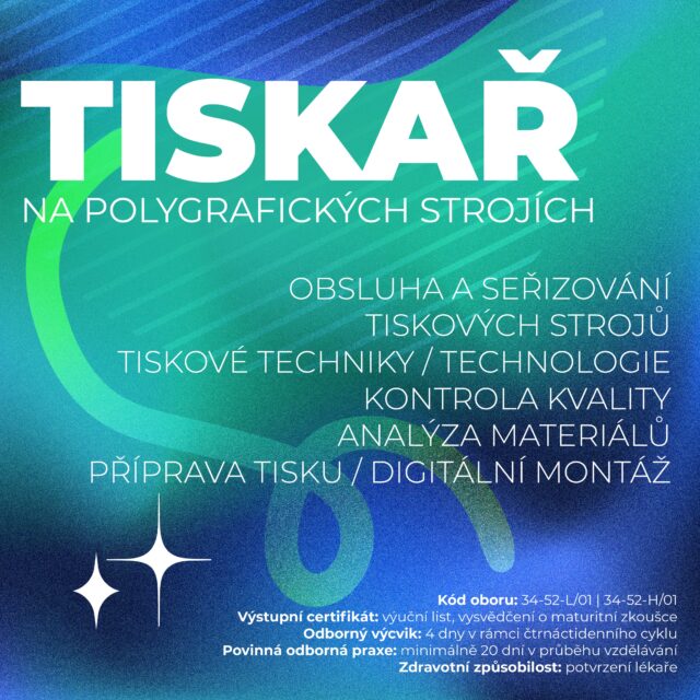 Proč studovat tento obor?
Máš smysl pro barvy a zajímá tě digitální tisk?  Při studiu tohoto oboru se naučíš obsluhovat tiskové stroje, ovládat jejich dálkové řízení, používat odpovídající technologické postupy a tiskové techniky, zjišťovat a odstraňovat závady při tisku včetně závad na tiskovém stroji, provádět kontrolu kvality tiskových výstupů a jejich korekturu. Naučíš se zajišťovat technickou přípravu výroby a odbytu výrobků, tedy pracovat s výtvarnými návrhy a technickou dokumentací, volit vhodnou technologii a materiály a stanovovat cenu výrobku.
Budeš se tedy orientovat ve struktuře celého výrobního procesu, získáš přehled o tiskových zařízeních, tisku samotném, technologiích výroby i finálních výrobcích.