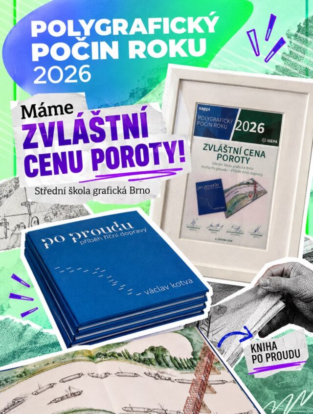 Do soutěže **Polygrafický počin roku 2026** jsme přihlásili knihu našeho absolventa Václava Kotvy *Po proudu – Příběh říční dopravy*, která byla vytištěna a ručně svázána přímo na Střední škole grafické Brno.
Precizní knihařské zpracování, viditelné šití křížkovým stehem a plátěné desky s transferovým tiskem zaujaly odbornou porotu natolik, že knize udělila Zvláštní cenu poroty**.** 
A odměna? Výlet za papírem! Tedy přesněji – návštěva papírenského závodu SAPPI v rakouském Gratkornu pro dvě osoby, doplněná o komentovanou prohlídku města Graz.
A kdo vyrazil reprezentovat naši školu? Samozřejmě ty, které v tom měly prsty až po lokty. Naše paní učitelky odborného výcviku Mgr. Kateřina Bártová a Mgr. Nikol Klimešová, které se na výrobě oceněné knihy podílely největší měrou.
Takže tentokrát žádná dílna, lepidlo ani knihařská kostka… ale Graz, papírna a zasloužený výlet do Rakouska!
Máme radost, že tradiční knihařské řemeslo má stále své kouzlo.