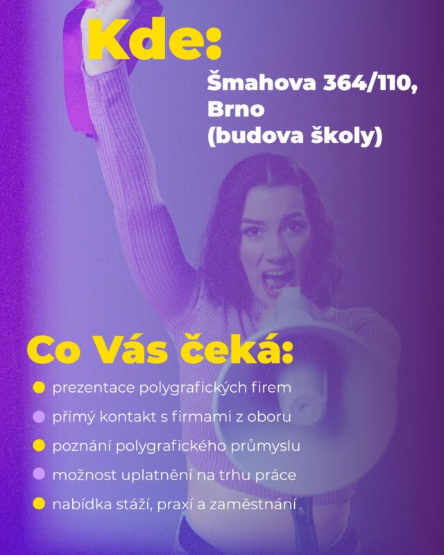 💻👩‍💻JOB FAIR NA SŠG! 
Prezentace firem v polygrafickém oboru. Hledáš pracovní příležitost a chceš zůstat v oboru? Přijď i když jsi u nás nikdy nestudoval. Pro všechny naše žáky, absolventy a i VEŘEJNOST!