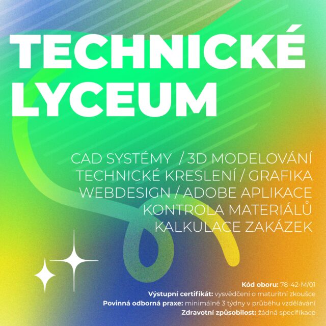 Proč studovat tento obor?
Obor je určen pro uchazeče se zájmem o techniku, grafiku, design a digitální technologie, kteří zatím nemají přesně vyhraněnou profesní představu, ale chtějí kvalitní všeobecné vzdělání s technickým zaměřením.